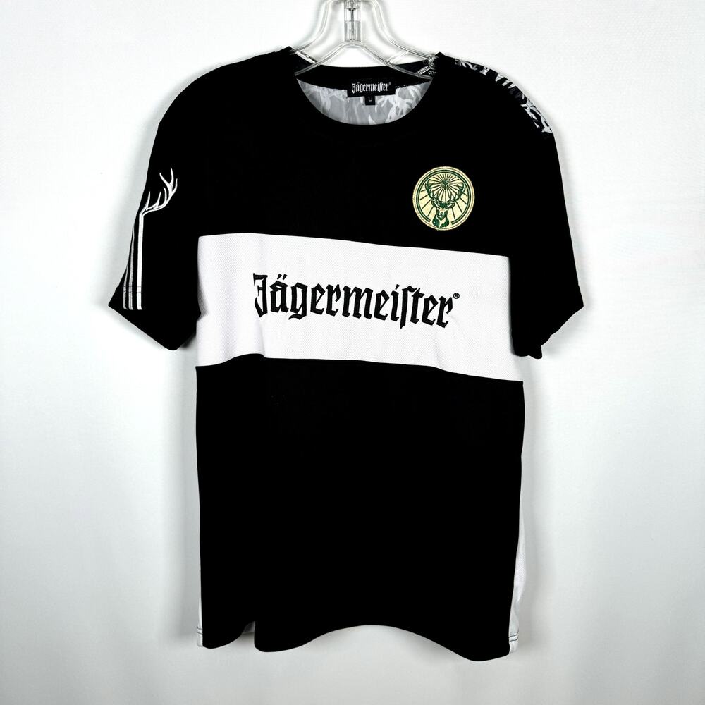 NWOT Jagermeister Black White Short Sleeve Crew Neck Soccer Jersey Mens Size L